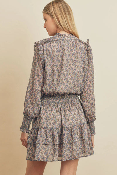 Navy Floral Long Sleeves Mini Dress