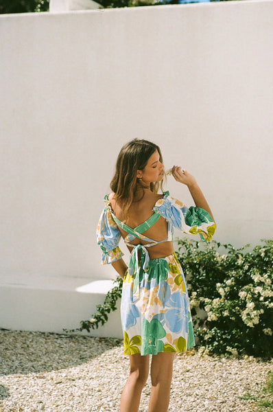 Green Floral Back-Tie Mini Dress