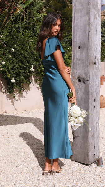 Teal Satin Midi Dress