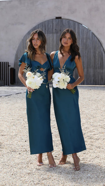 Teal Satin Midi Dress