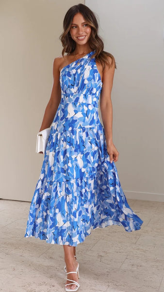 Blue Floral One Shoulder Midi Dress