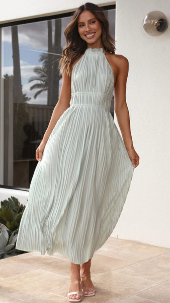 Sage Pleated Halter Midi Dress