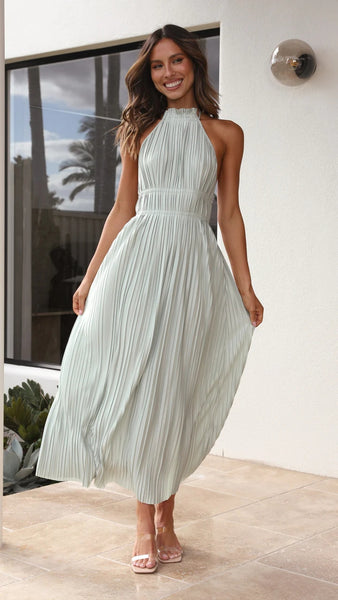 Sage Pleated Halter Midi Dress