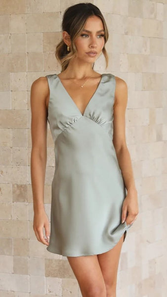 Green Sleeveless Satin Mini Dress
