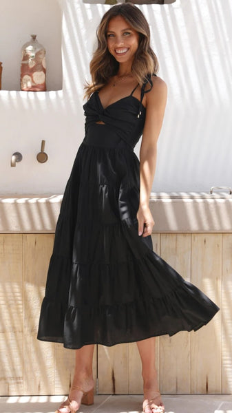 Black Front Twist Midi Dress