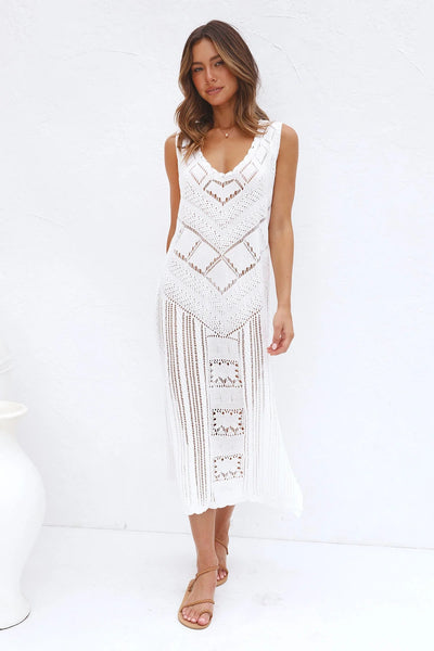 White Crochet Knit Midi Dress