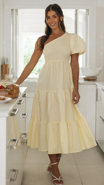 Yellow One Shoulder Midi Dress