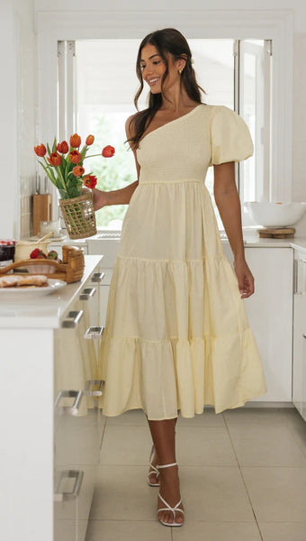 Yellow One Shoulder Midi Dress