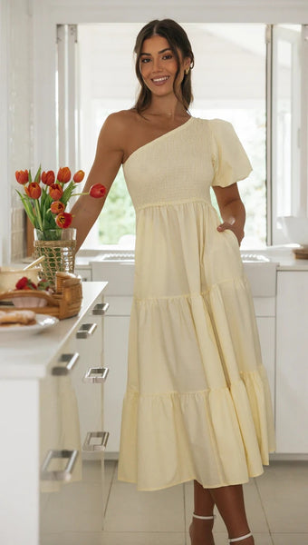 Yellow One Shoulder Midi Dress