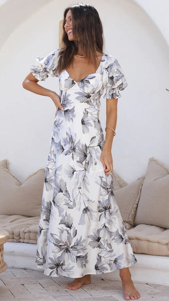 Grey Blue Silhouette Floral Midi Dress