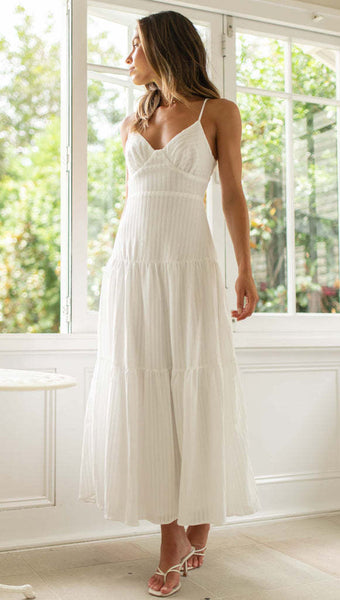 White Stripe Textured Slip Midi Dress