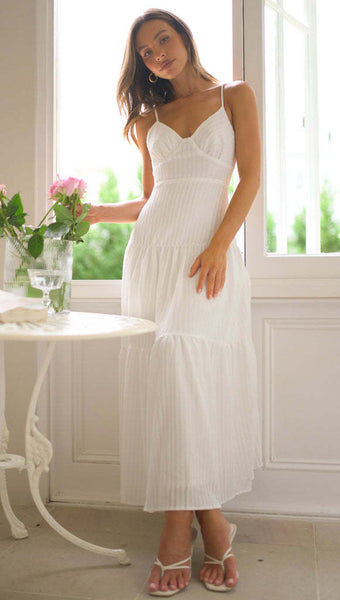 White Stripe Textured Slip Midi Dress