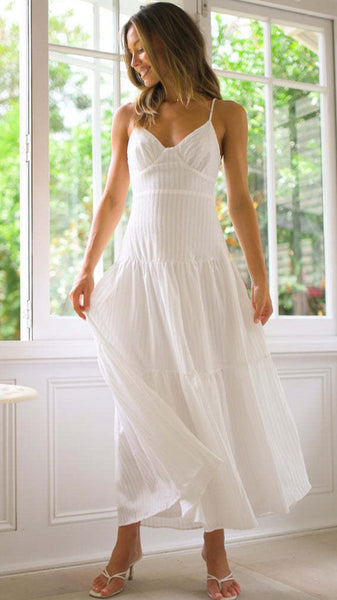 White Stripe Textured Slip Midi Dress