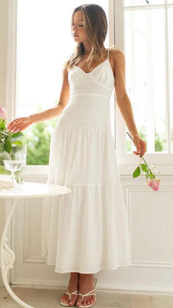 White Stripe Textured Slip Midi Dress