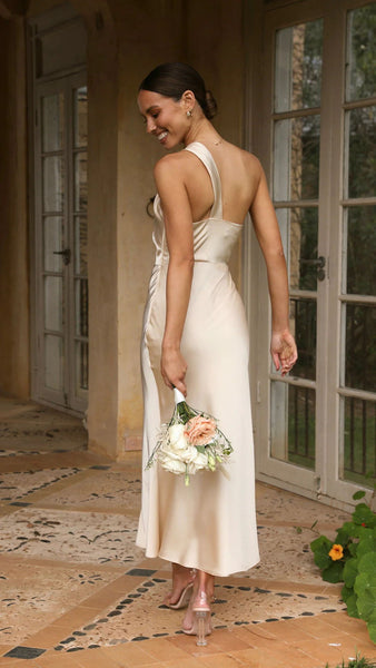 Beige One Shoulder Satin Midi Dress