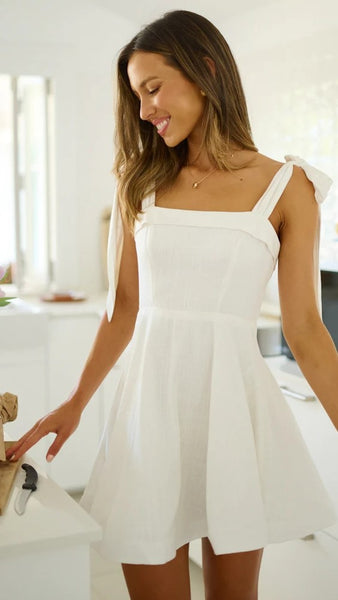 White Shoulder Tie Mini Dress