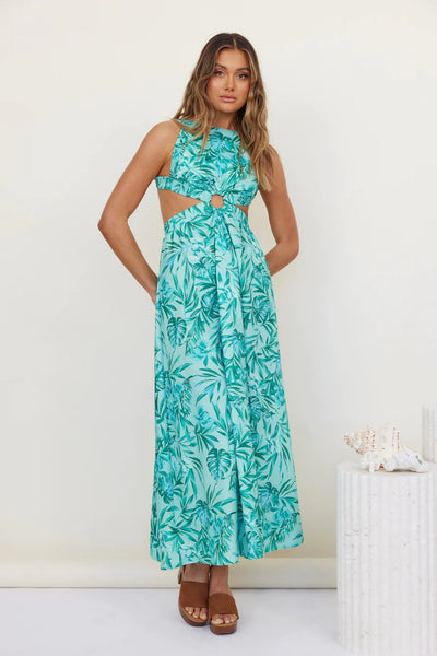 Green Foliage Print Midi Dress