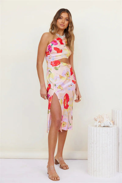 Red Rose Print Satin Midi Dress