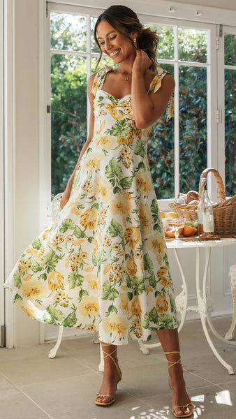 Lemon Floral Shoulder Tie Midi Dress