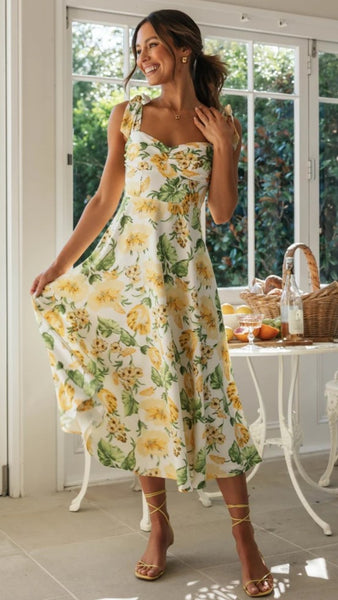 Lemon Floral Shoulder Tie Midi Dress