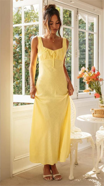 Yellow Pleated Trim Midi Dress