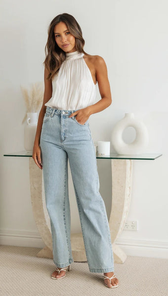 Beige Solid Pleated Halter Top