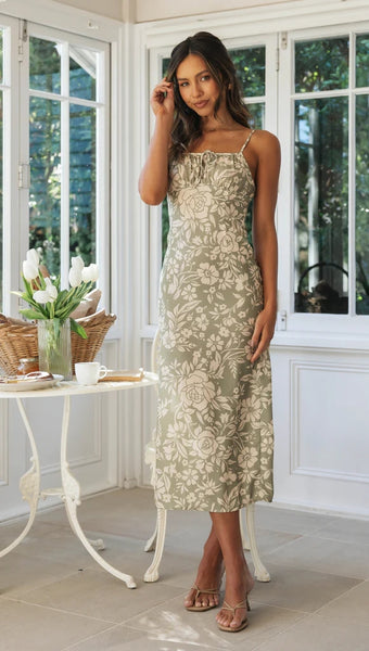 Green Artstic Floral Midi Dress