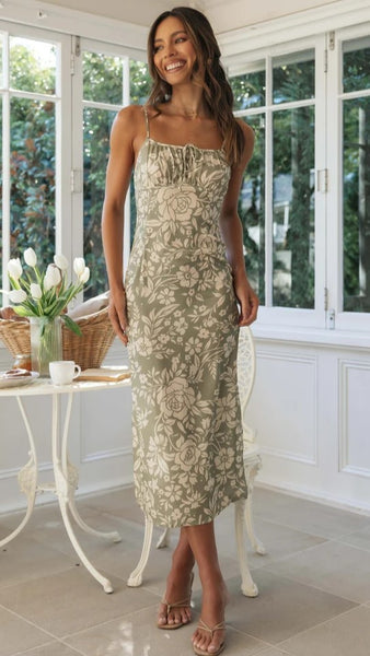 Green Artstic Floral Midi Dress