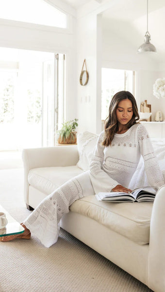 White Long Sleeves Crochet Knit Midi Dress