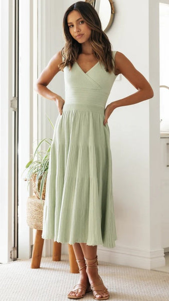 Green Surplice Neckline Midi Dress