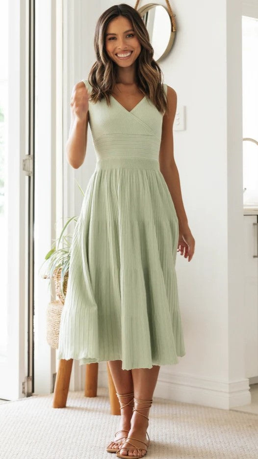 Green Surplice Neckline Midi Dress