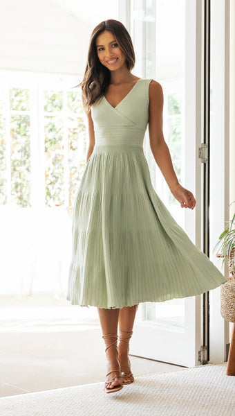 Green Surplice Neckline Midi Dress