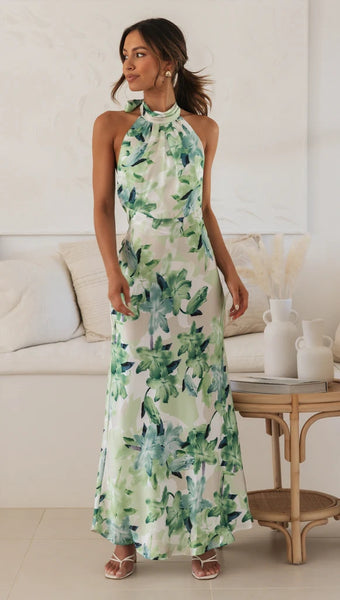 Green Floral Satin Halter Maxi Dress