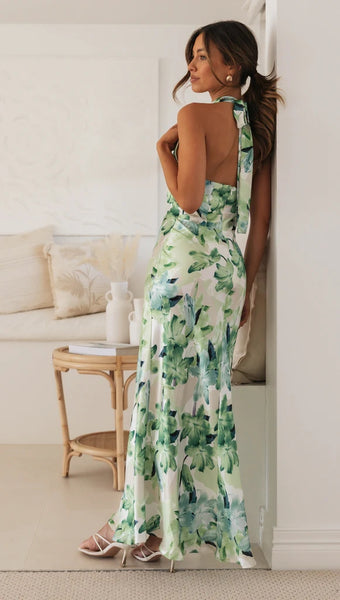 Green Floral Satin Halter Maxi Dress