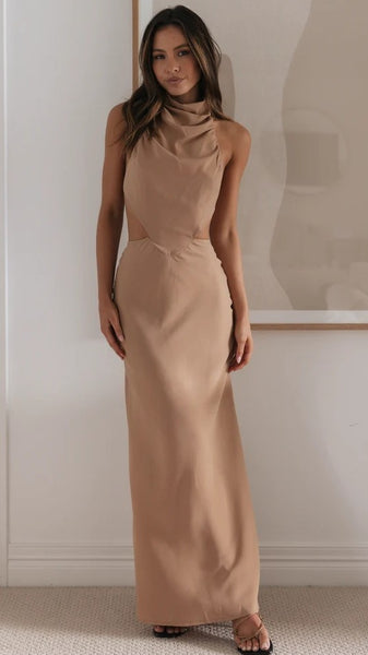 Khaki Halter Neck Maxi Dress