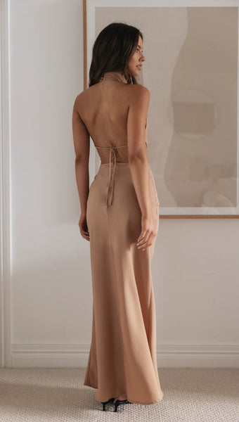 Khaki Halter Neck Maxi Dress