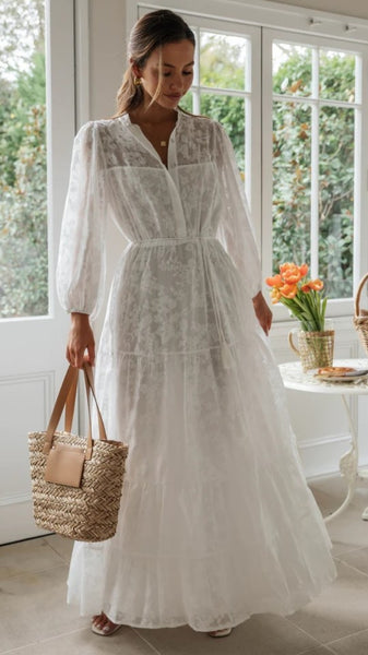 White Long Sleeves Maxi Dress
