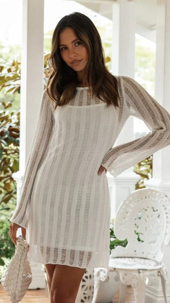 White Stripe Textured Mini Dress
