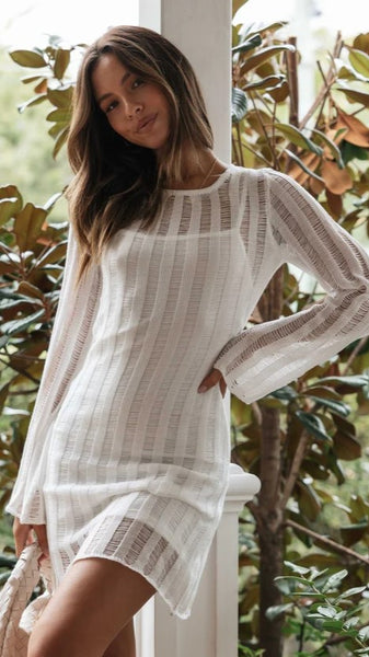 White Stripe Textured Mini Dress