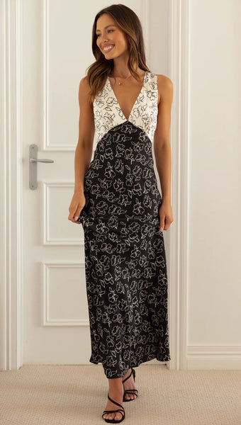 Black White Silhouette Print Midi Dress