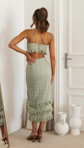 Sage Cutout Waist Slip Midi Dress