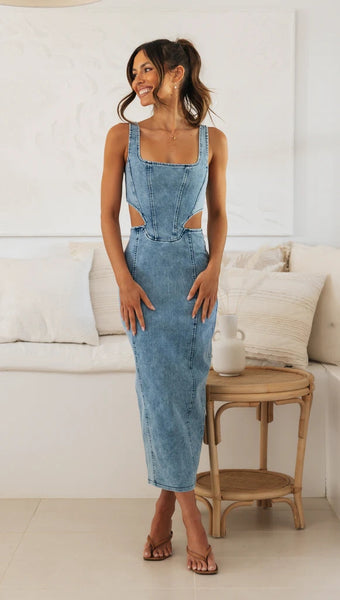Light Blue Denim Midi Dress