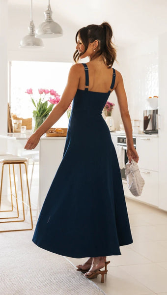 Navy Blue Denim Midi Dress