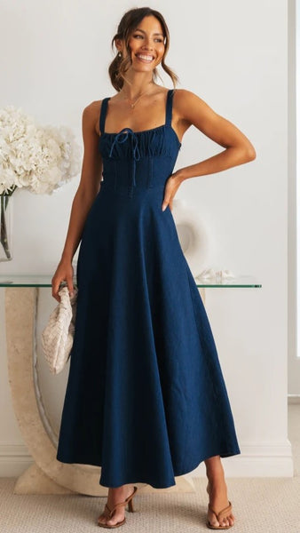 Navy Blue Denim Midi Dress