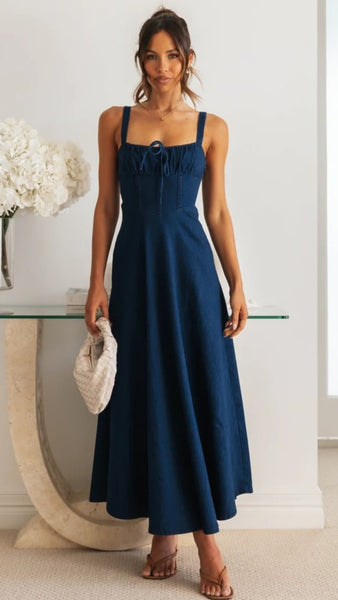 Navy Blue Denim Midi Dress