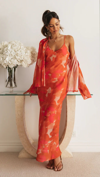 Red Floral Slip Midi Dress