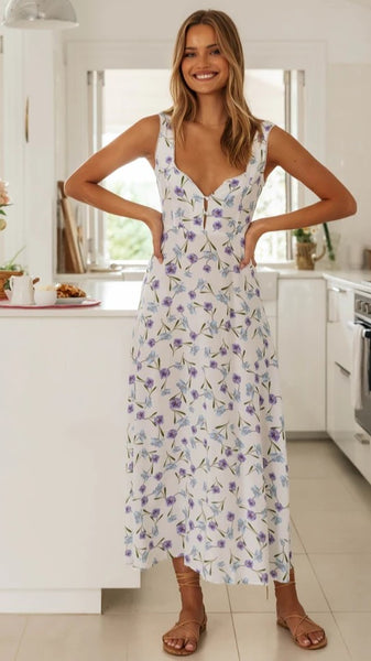 Purple Floral Sleeveless Midi Dress