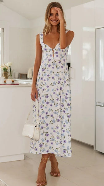 Purple Floral Sleeveless Midi Dress