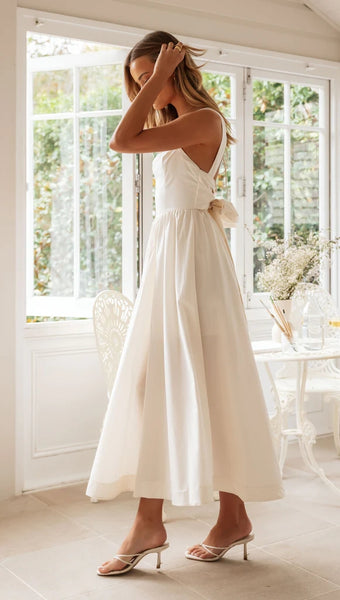 Beige Back Bowtie Midi Dress