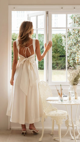 Beige Back Bowtie Midi Dress